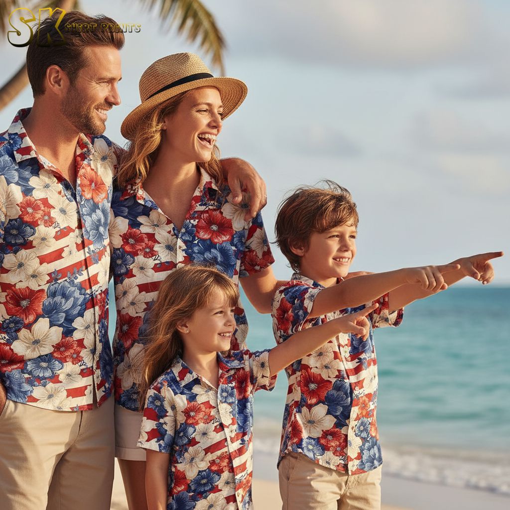 Ladies red Hawaiian shirt showing striped background with colorful floral blooms