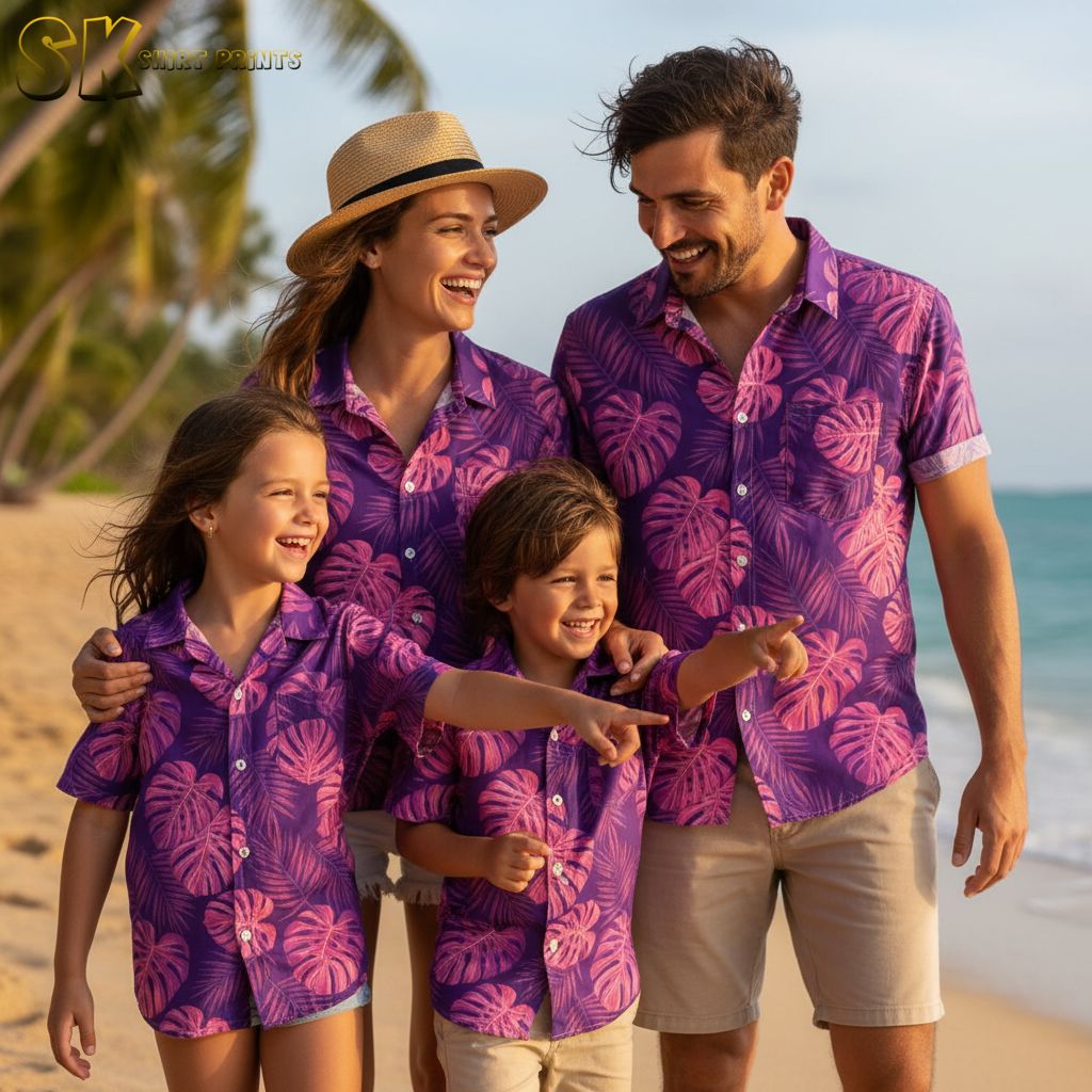 Light purple Hawaiian shirt featuring pink monstera and fern leaf tropical print