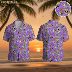 Light purple Hawaiian shirt featuring colorful sugar skulls, margarita glasses, and citrus slice pattern