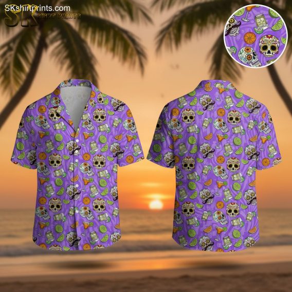 Light purple Hawaiian shirt featuring colorful sugar skulls, margarita glasses, and citrus slice pattern