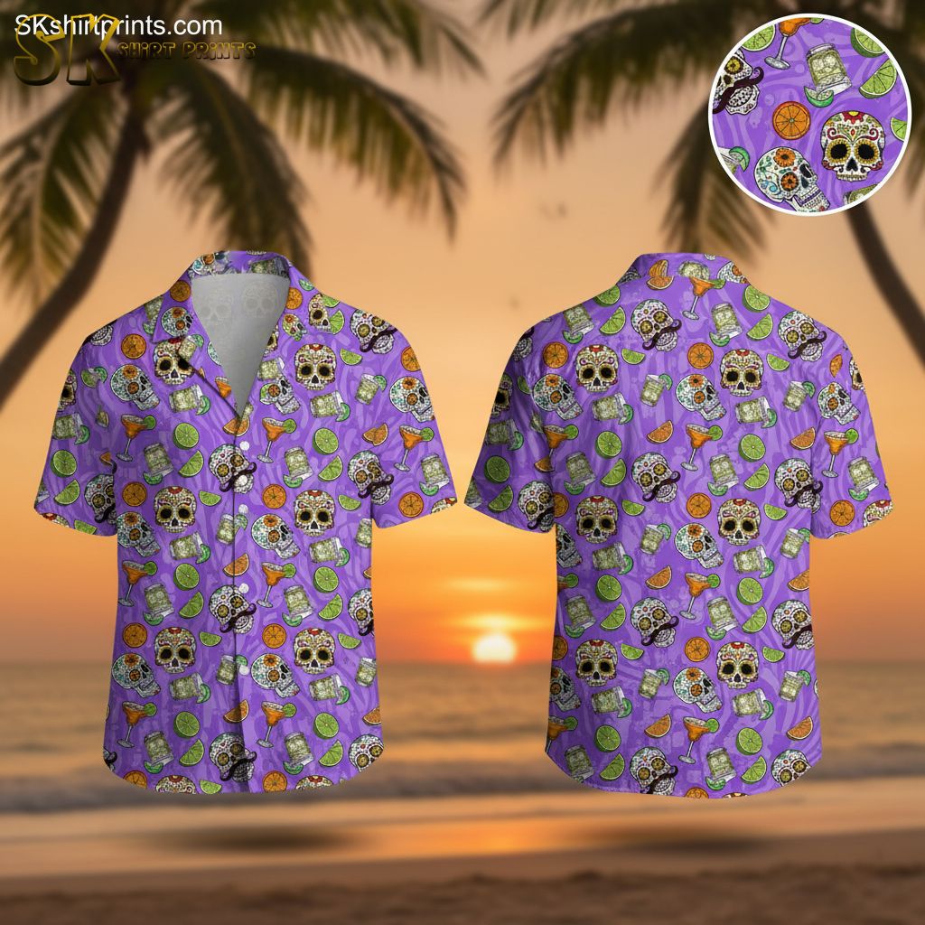 Light purple Hawaiian shirt featuring colorful sugar skulls, margarita glasses, and citrus slice pattern