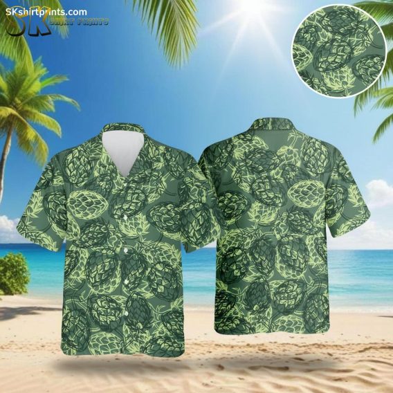 Lime green Hawaiian shirt featuring overlapping artichoke pattern with detailed leaves on dark green background