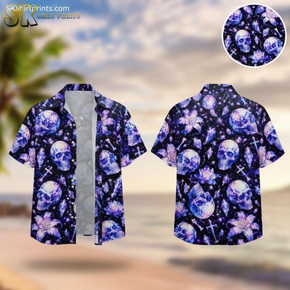 Lowes purple Hawaiian shirt featuring cosmic skull pattern with flowers and crystals on dark starry background