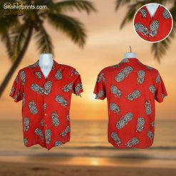 Red Hawaiian shirt featuring stylized pineapple pattern in Magnum PI style