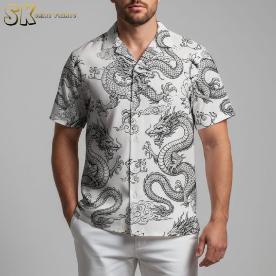 Master Roshi Hawaiian shirt with anime-inspired dragon designs and traditional Asian patterns