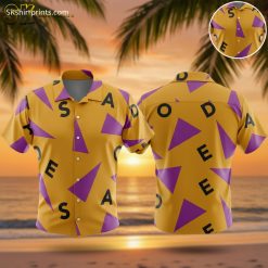 Master Roshi Hawaiian shirt with purple triangles and yellow background geometric pattern