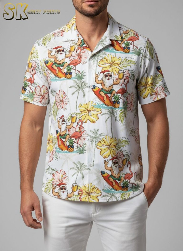 Surfing Santa Christmas Hawaiian Shirts for Men – Tropical Holiday Beach Shirt with Flamingos and Palm Trees