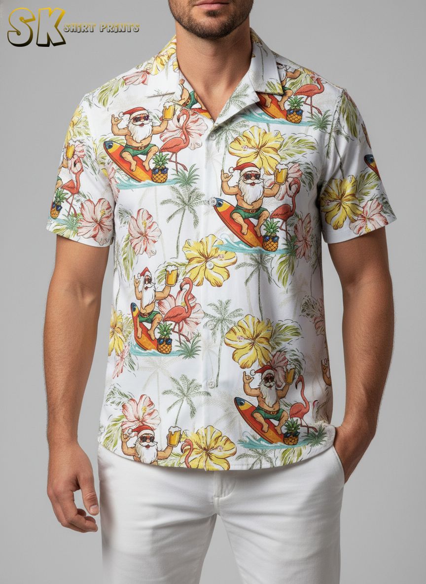 Matching Christmas Hawaiian shirt with Santa surfing design, hibiscus flowers, and tropical elements for family coordination