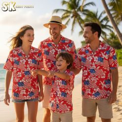 Memorial Day Hawaiian shirt collection showing multiple patriotic tropical shirt designs