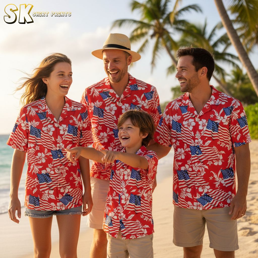Memorial Day Hawaiian shirt collection showing multiple patriotic tropical shirt designs