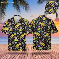Men's black Hawaiian shirt featuring colorful musical instruments, tropical flowers and music notes on black background