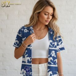 Mens blue hawaiian shirt displaying horse and rider silhouettes with hibiscus flowers in horizontal band design