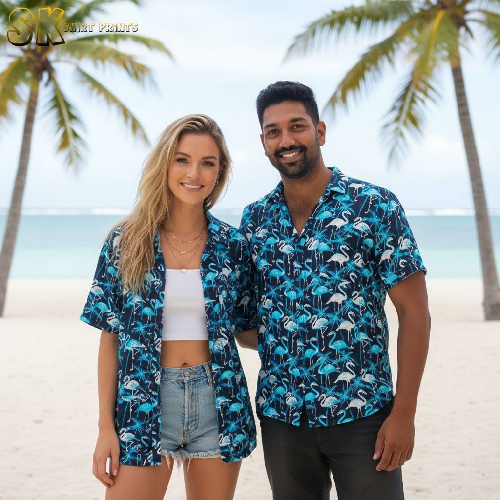 Mens blue Hawaiian shirt with flamingo pattern and tropical foliage in white and black details