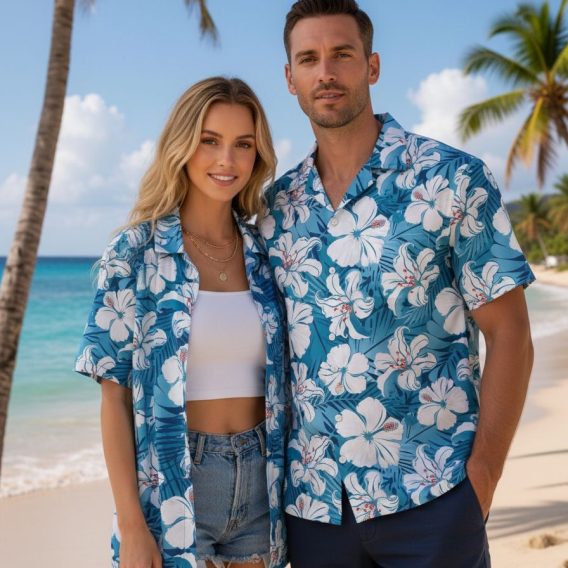 Mens blue Hawaiian shirt with white hibiscus flowers and blue leafy background pattern