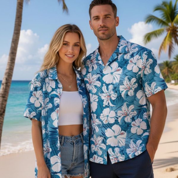 Blue Hibiscus Hawaiian Shirt - White Floral Print with Navy Background for Men and Women
