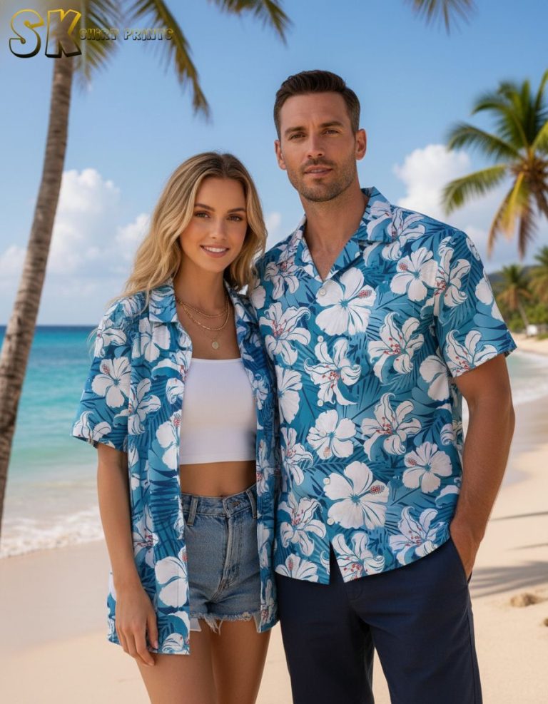 Blue Hibiscus Hawaiian Shirt – White Floral Print with Navy Background for Men and Women