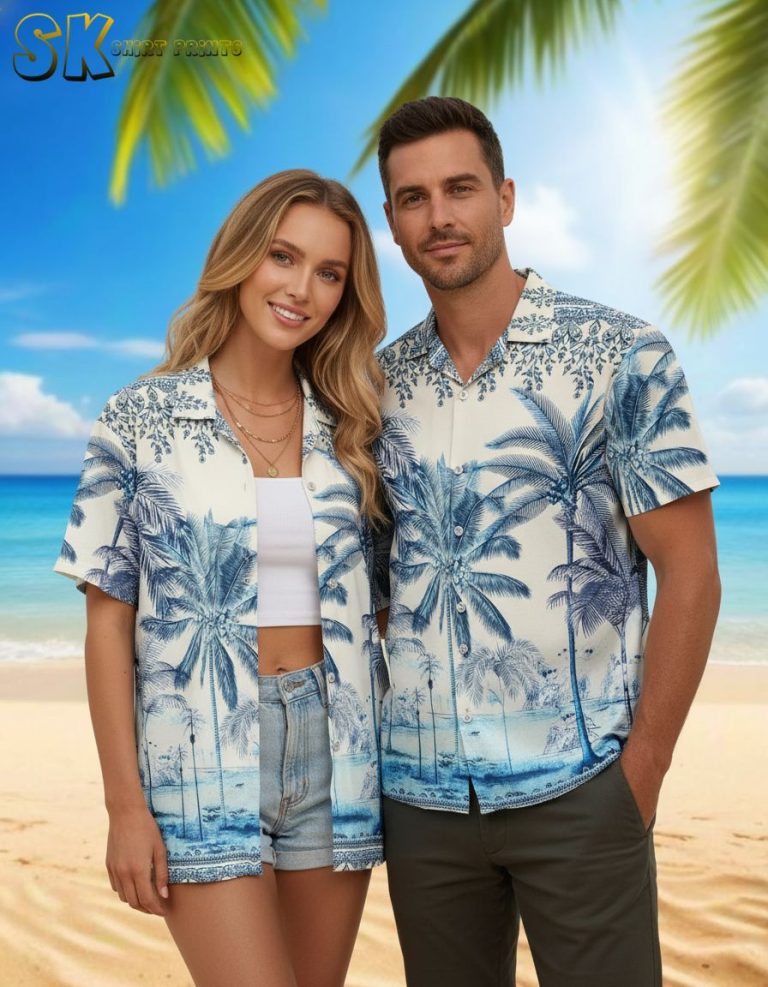 Blue Palm Tree Hawaiian Shirt – Tropical Beach Print with Decorative Border Design