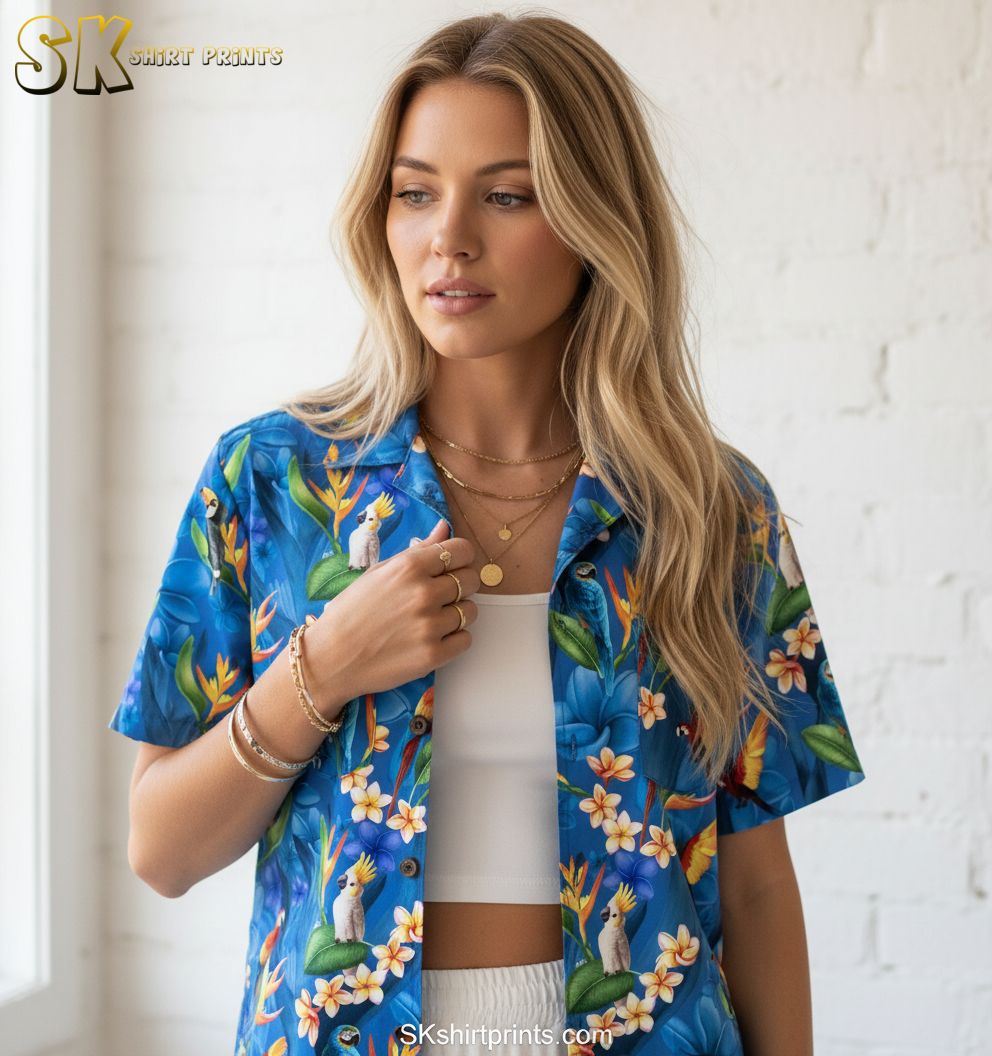 Mens blue hawaiian shirt with colorful tropical birds including parrots and toucans among blue flowers and green leaves