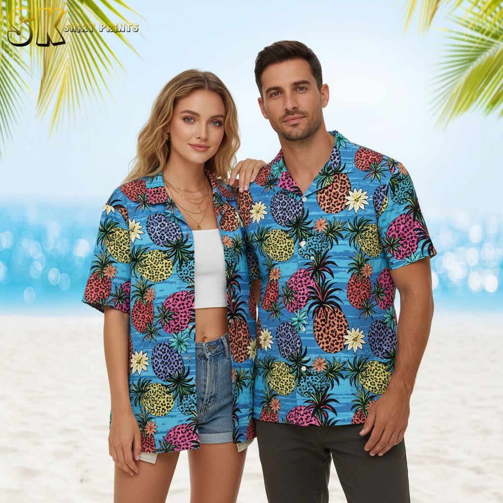 Men's blue Hawaiian shirt with tropical pineapple print in multiple colors and scattered floral elements