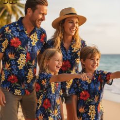 Men's blue Hawaiian shirt featuring colorful tropical flowers including red hibiscus and yellow plumeria on dark blue background
