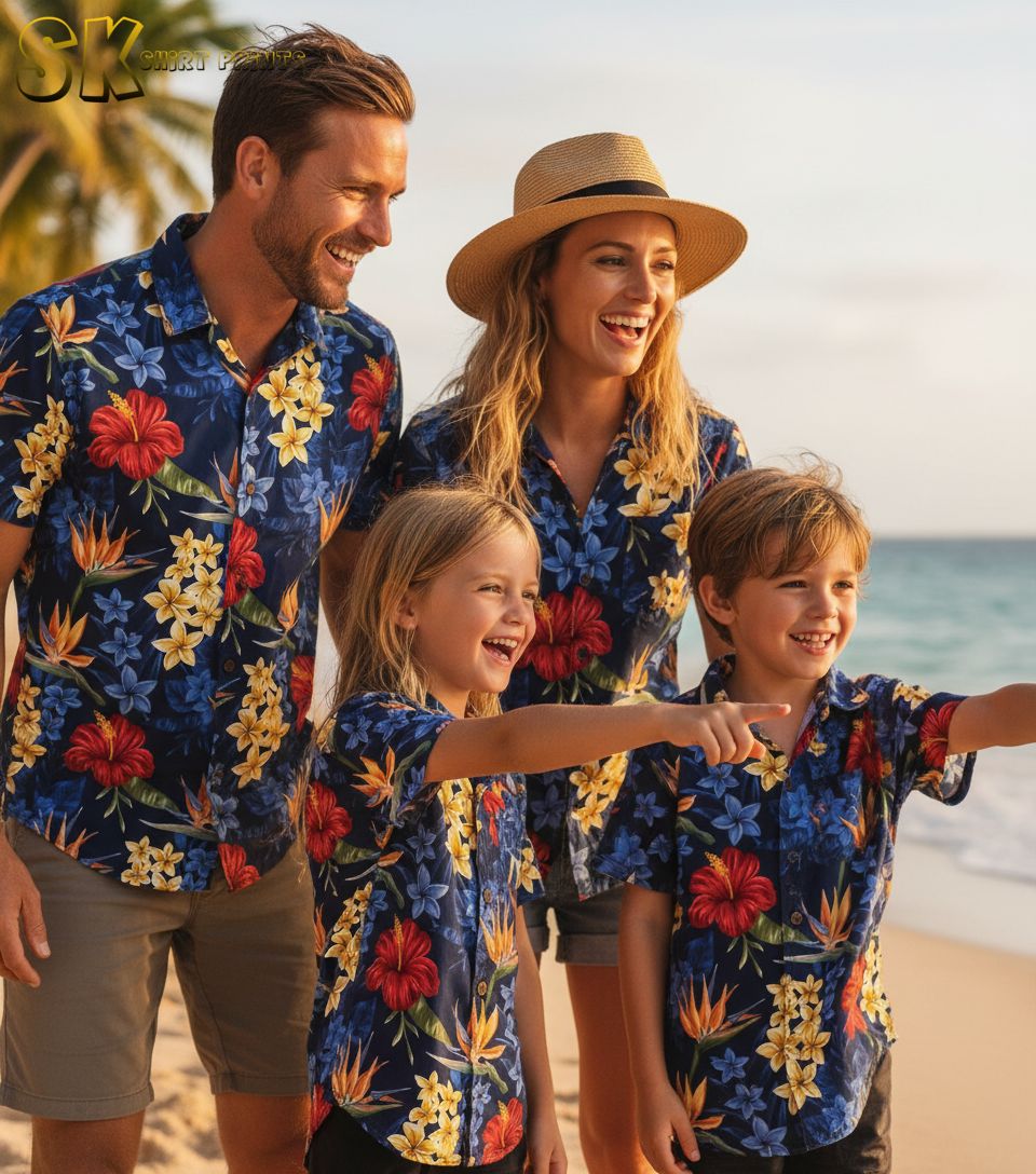 Men's blue Hawaiian shirt featuring colorful tropical flowers including red hibiscus and yellow plumeria on dark blue background