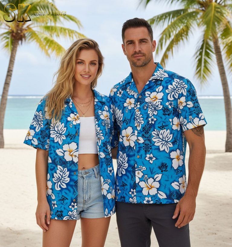 Blue Hawaiian Shirt with White Hibiscus Flowers and Sea Turtles – Tropical Aloha Print
