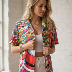 Mens Christmas aloha shirt with Santa Claus patterns, Christmas ornaments, and tropical color swirls in aloha style