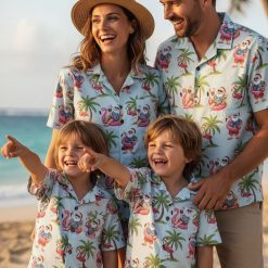 Mens Christmas Hawaiian shirt displaying Santa in Hawaiian shirt and shorts lounging on pink flamingo floats with palm tree and flamingo pattern