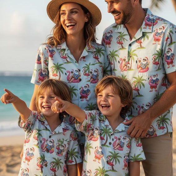 Mens Christmas Hawaiian shirt displaying Santa in Hawaiian shirt and shorts lounging on pink flamingo floats with palm tree and flamingo pattern