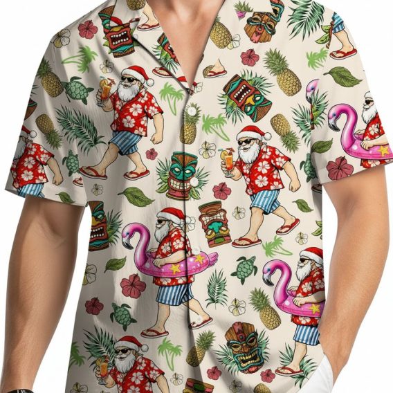 Men's Christmas Hawaiian shirt with Santa Claus, pineapples, and palm leaves in bright holiday colors