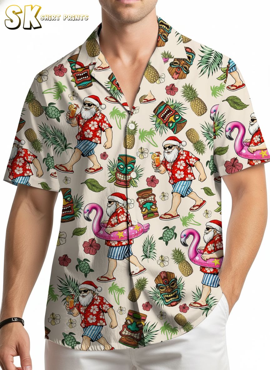 Men's Christmas Hawaiian shirt with Santa Claus, pineapples, and palm leaves in bright holiday colors