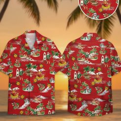 Red mens christmas hawaiian shirt featuring Santa Claus with surfboard, reindeer, snowmen, palm trees and hibiscus flowers