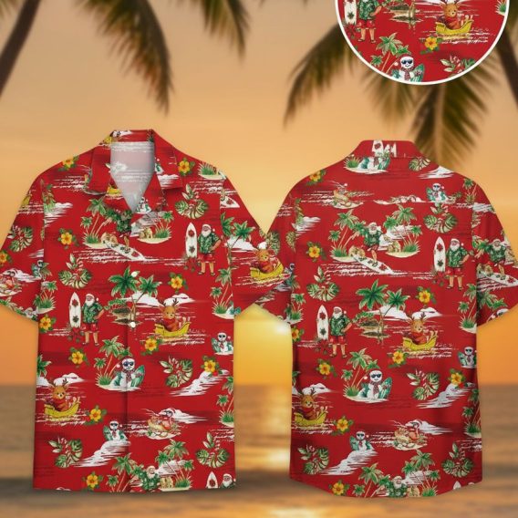 Red mens christmas hawaiian shirt featuring Santa Claus with surfboard, reindeer, snowmen, palm trees and hibiscus flowers