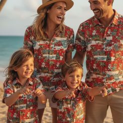 Mens Christmas Hawaiian shirt with Santa driving various vehicles among Christmas trees and beach elements