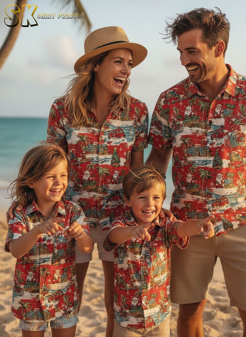 Mens Christmas Hawaiian shirt with Santa driving various vehicles among Christmas trees and beach elements