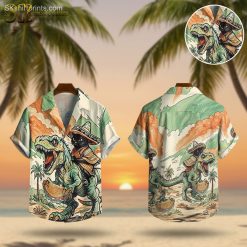 Mens dinosaur hawaiian shirt featuring black cat wearing sombrero riding dinosaur with taco, palm trees background lifestyle photo