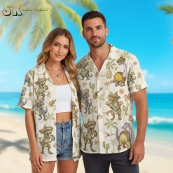 Man wearing mens dinosaur hawaiian shirt outdoors, featuring cartoon dinosaurs in sombreros and tropical palm tree pattern