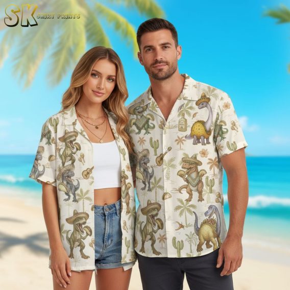 Man wearing mens dinosaur hawaiian shirt outdoors, featuring cartoon dinosaurs in sombreros and tropical palm tree pattern