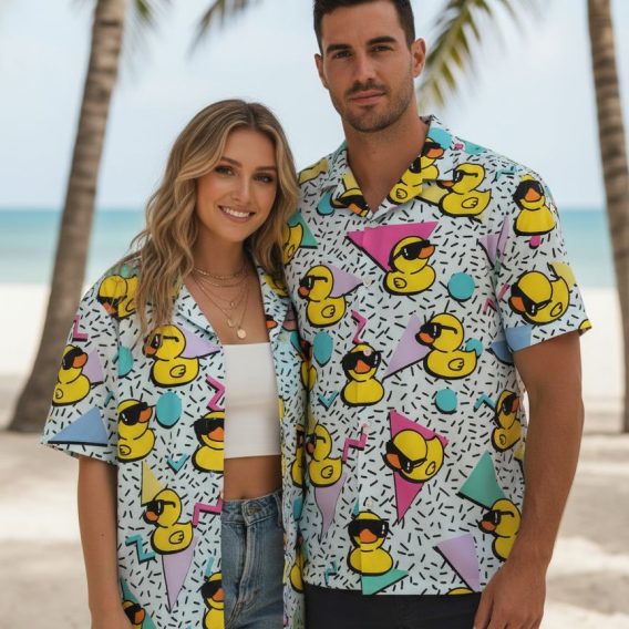 Men's donald duck hawaiian shirt with cartoon rubber duckies wearing sunglasses on pastel colored background