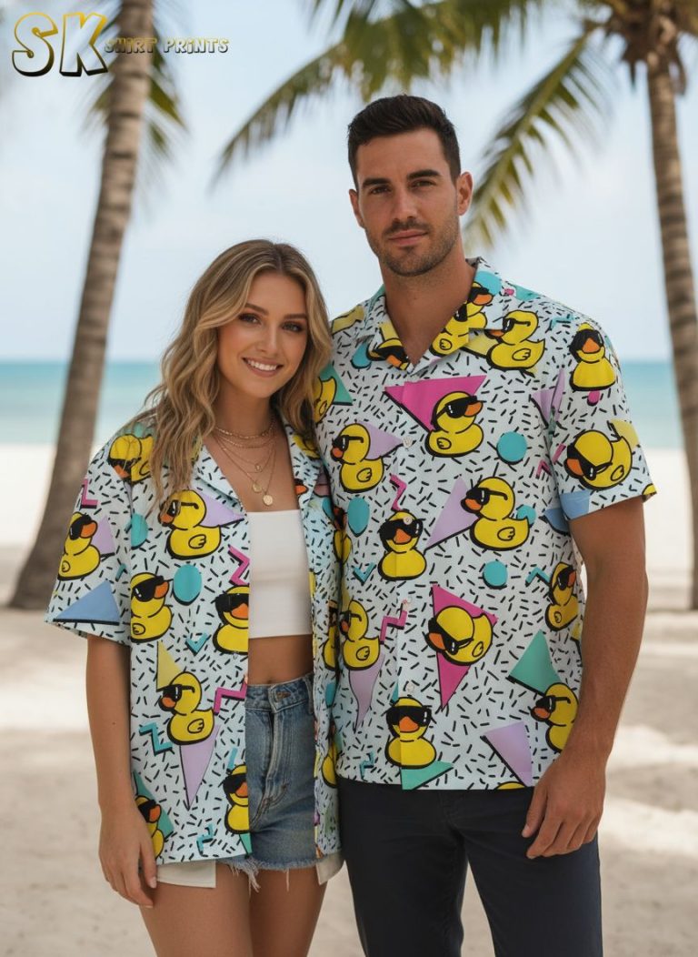 Donald Duck Shirts for Men – Rubber Ducky Hawaiian Button Up with Sunglasses Pattern