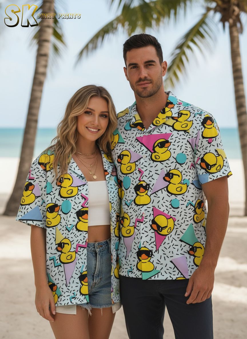 Men's donald duck hawaiian shirt with cartoon rubber duckies wearing sunglasses on pastel colored background
