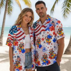 Men's Donald Duck Hawaiian shirt with patriotic duck characters in top hats and sunglasses among red and blue flowers