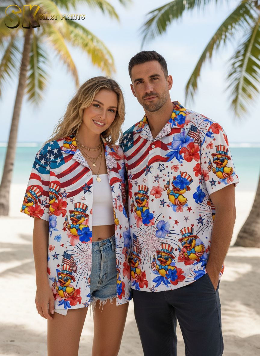 Men's Donald Duck Hawaiian shirt with patriotic duck characters in top hats and sunglasses among red and blue flowers