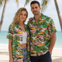 Men's Donald Duck Hawaiian shirt displaying duck characters with sunglasses surfing among tropical elements