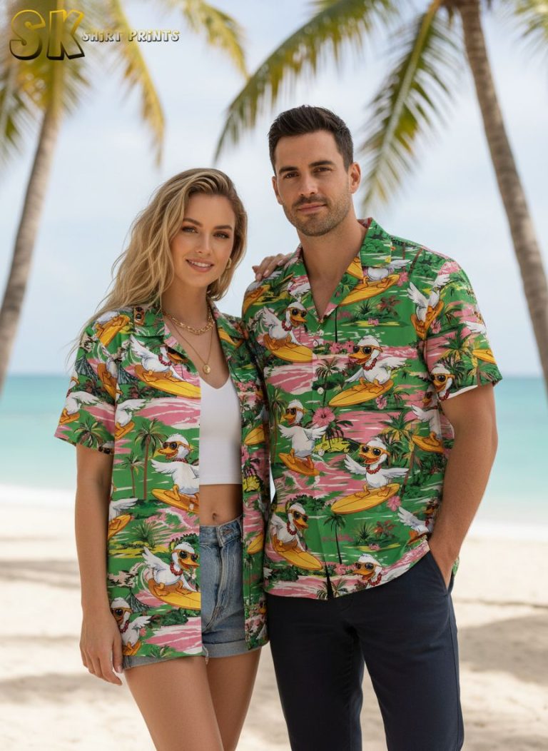 Rubber Ducky Hawaiian Shirt – Surfing Ducks with Sunglasses Button Up