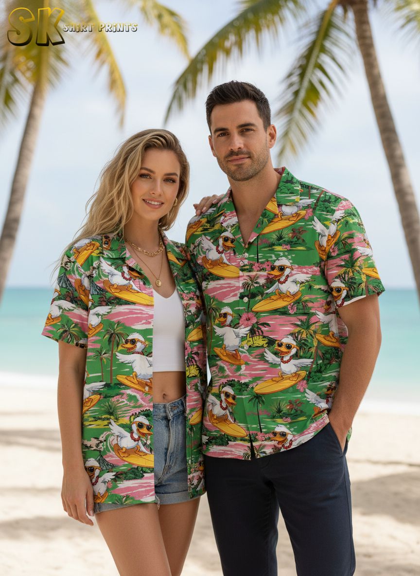 Men's Donald Duck Hawaiian shirt displaying duck characters with sunglasses surfing among tropical elements
