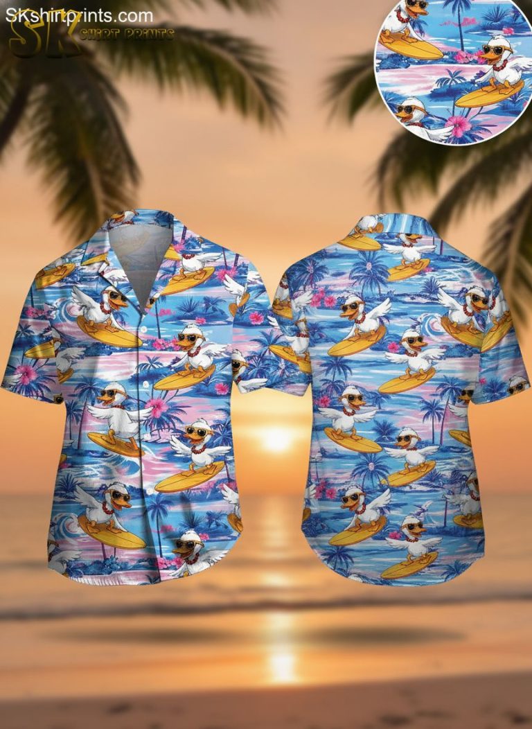 Men’s Donald Duck Hawaiian Shirt – Surfing Ducks with Sunglasses Print