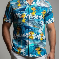 Men's donald duck hawaiian shirt with yellow duck characters, ocean waves, and white floral patterns