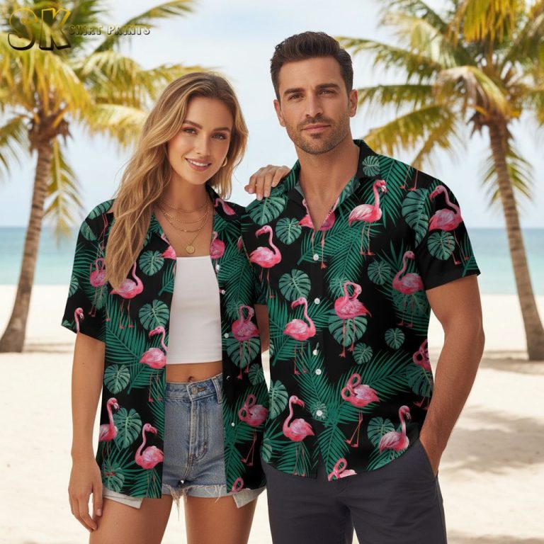Pink Flamingo Aloha Shirt with Tropical Palm Leaves – Black Hawaiian Shirt for Men and Women