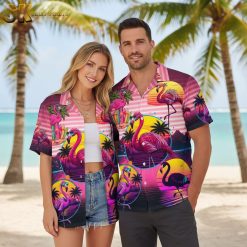 Mens flamingo Hawaiian shirt button-up style with tropical flamingo print designed specifically for men